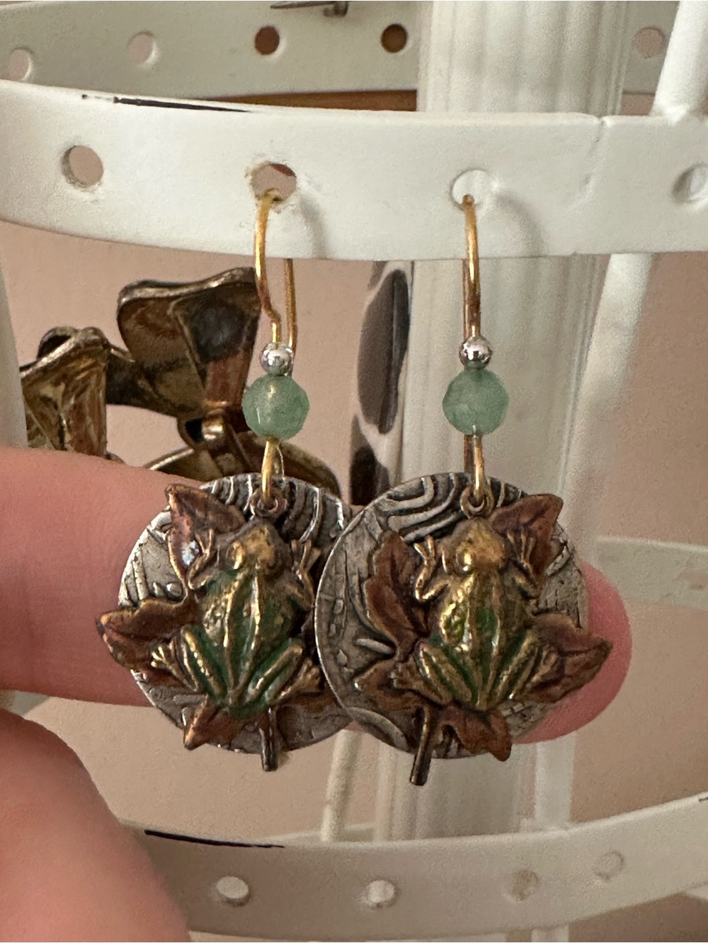 Silver Forest Green and Mixed Metal Frog Drop Earrings